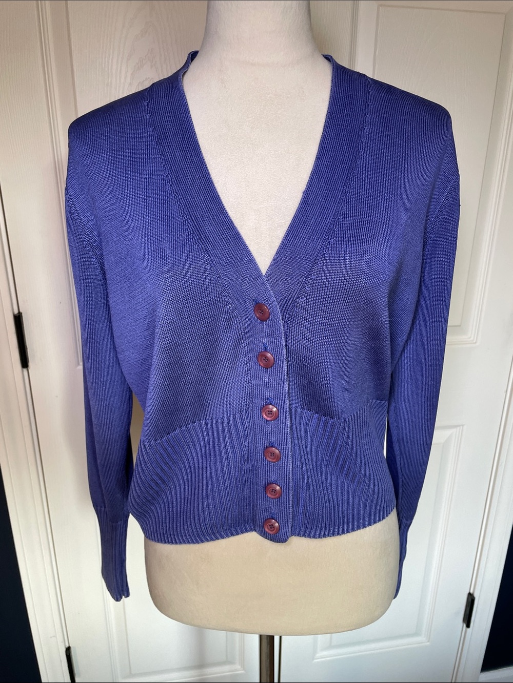 VTG CARLISLE Silk Crop Cardigan Periwinkle Blue V-Neck Ribbed Knit Sweater Sz L